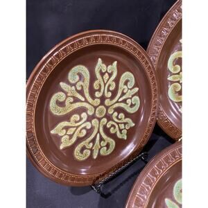 Vintage Haruto Green and Brown Boho Stoneware 3 Dinner plates, 1 Salad plate